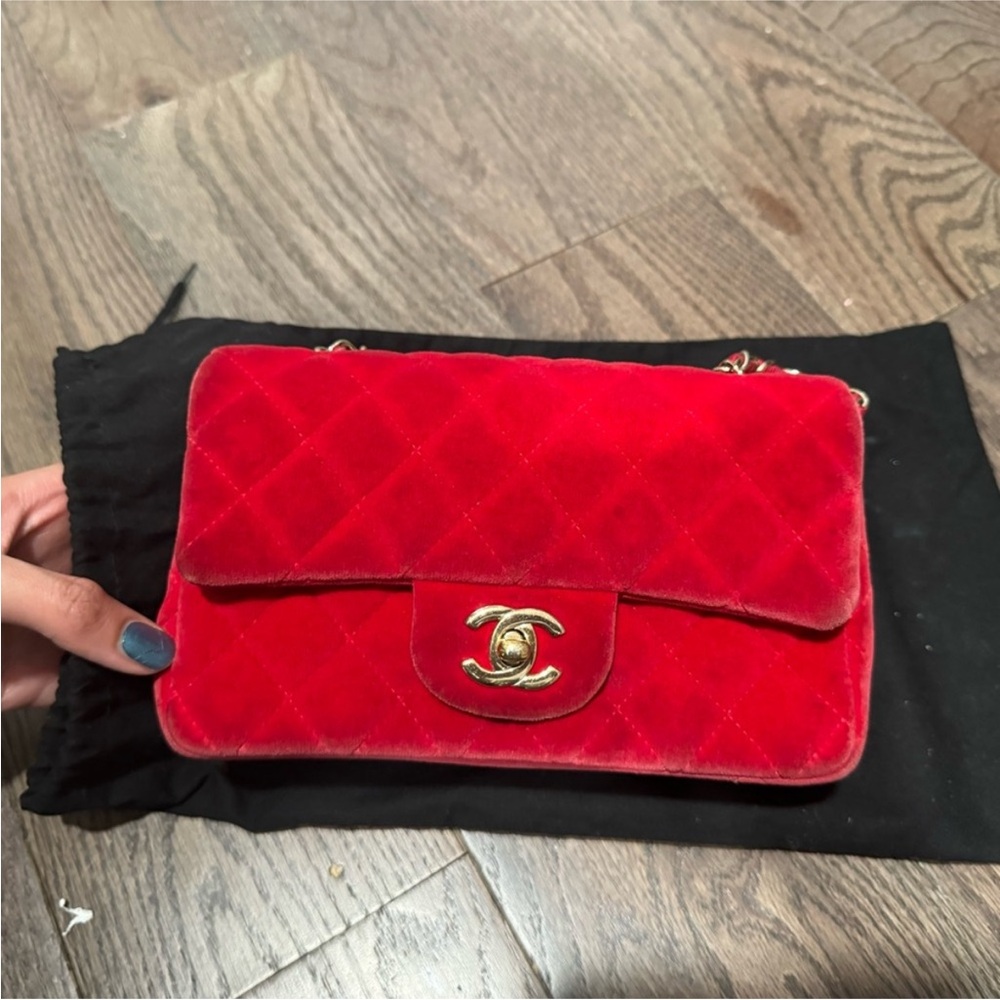CHANEL Red Quilted Velvet Crossbody Bag